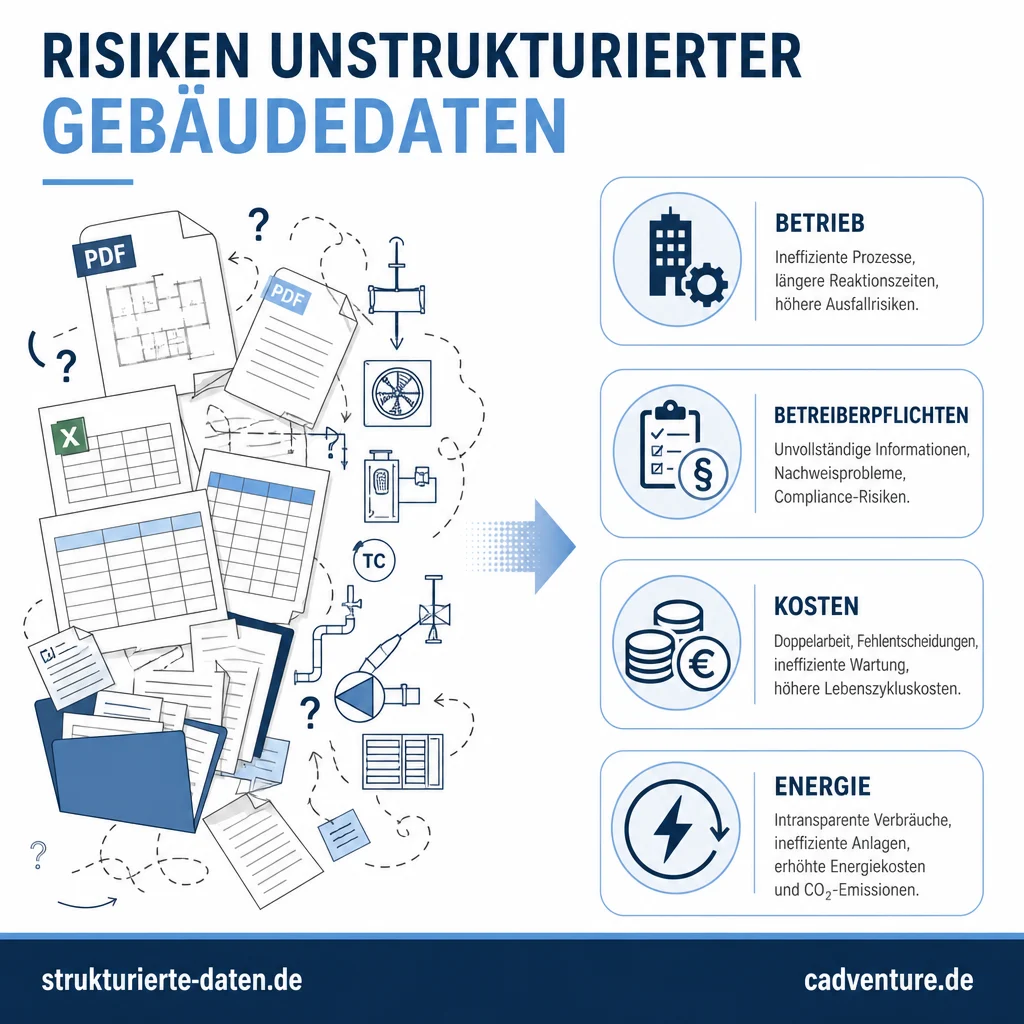 Infografik zu Risiken unstrukturierter Gebäudedaten mit vier Wirkfeldern: Betrieb, Betreiberpflichten, Kosten und Energie.