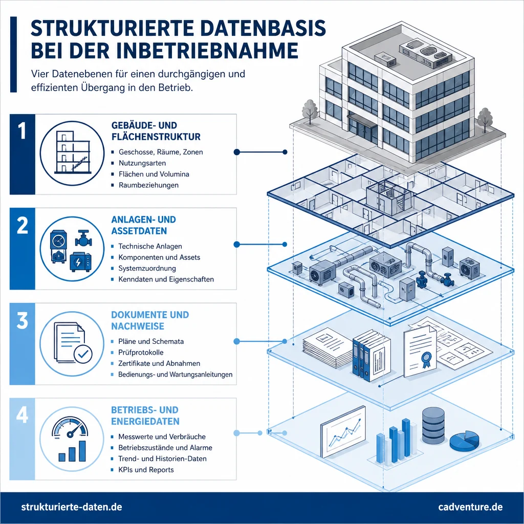 nfografik zur strukturierten Datenbasis bei der Inbetriebnahme mit vier Ebenen: Gebäude- und Flächenstruktur, Anlagen- und Assetdaten, Dokumente und Nachweise sowie Betriebs- und Energiedaten.